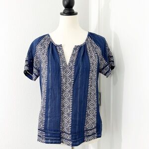 New Lucky Brand Small Blue, White Print Short Sleeve Peasant Blouse Top